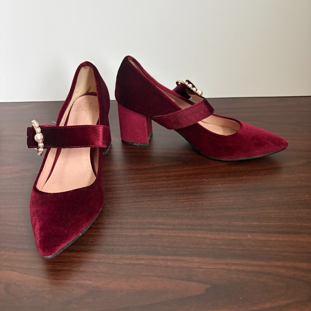 Velvet Mary Jane Burgundy Chunky Heel Pumps Metal Buckle Pearl Retro Chic 40
